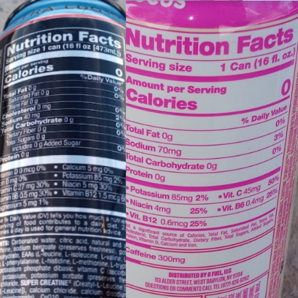 Nutrition facts of Bang vs G Fuel