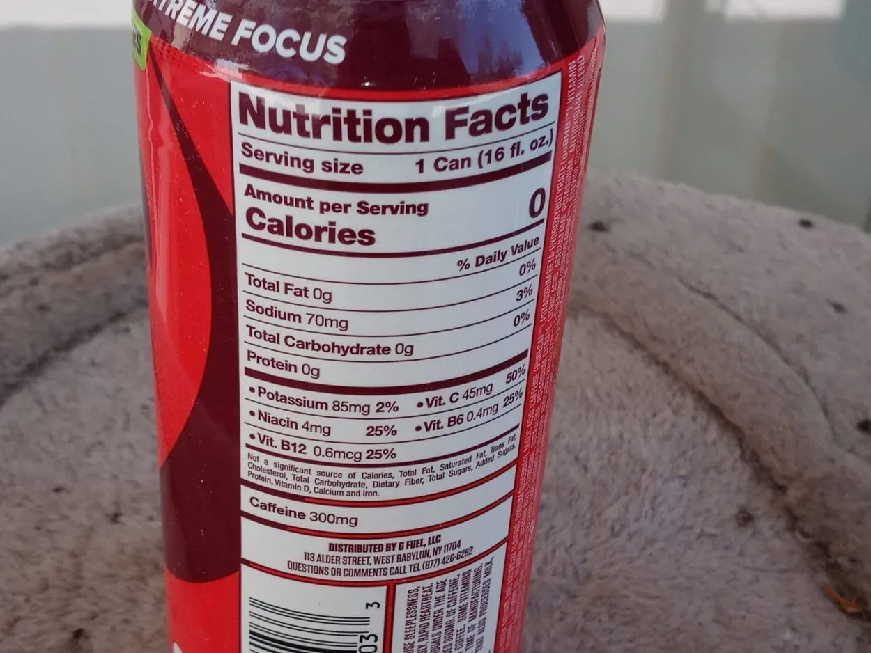Nutritional facts of G Fuel on the back of can