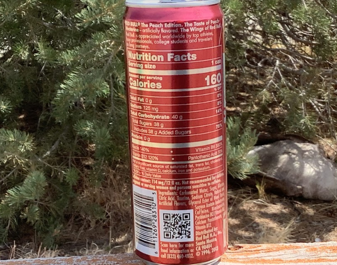 Nutrition facts are given on the can of Redbull peach edition
