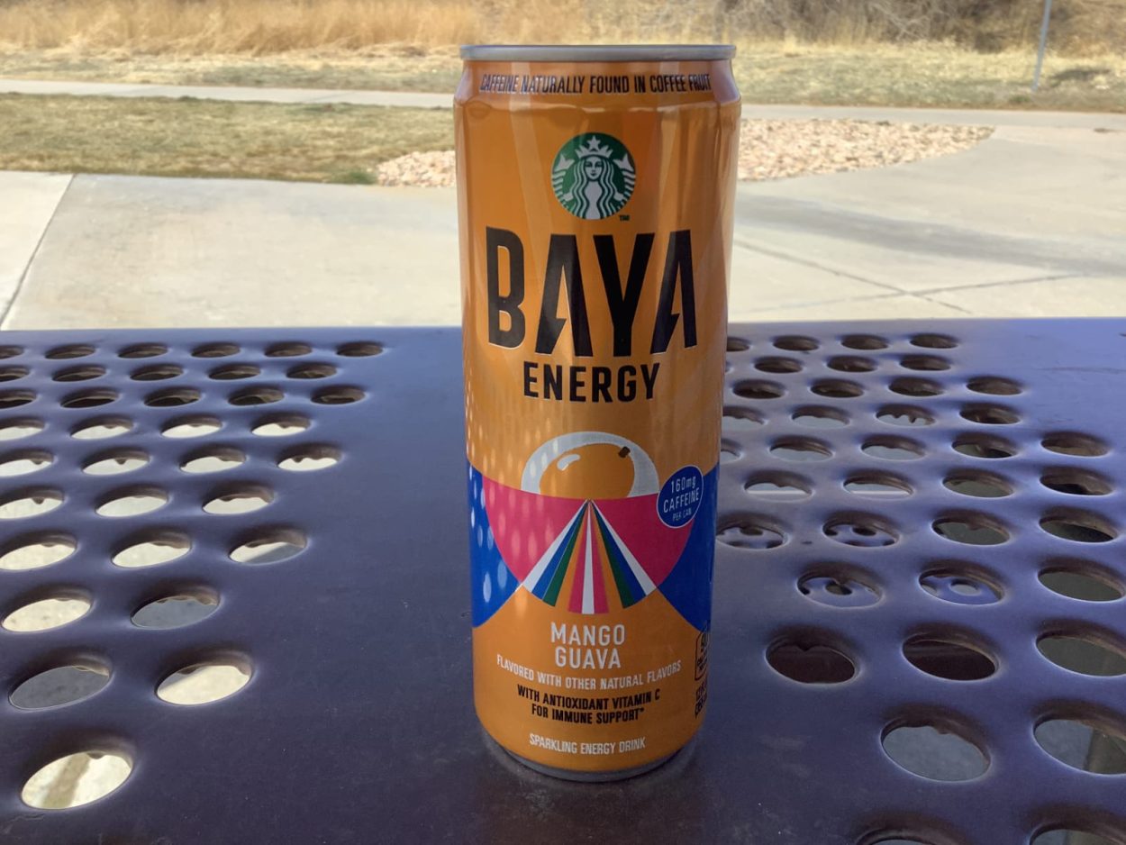 A can of Baya energy drink in Mango Guava flavor on a table
