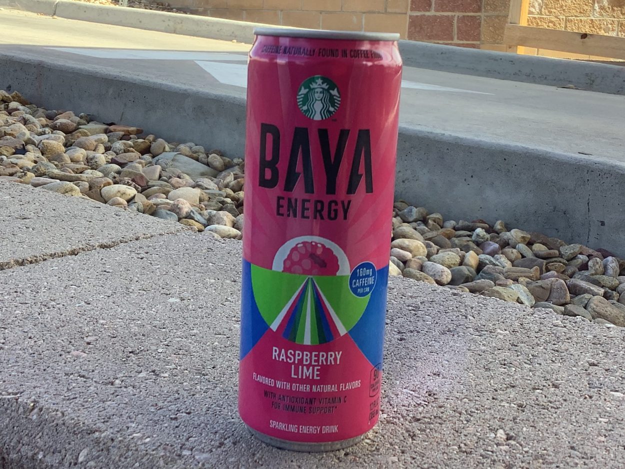 A can of Baya energy in Raspberry lime flavor
