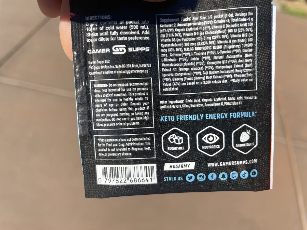 The back of the packet of Gamer Supps