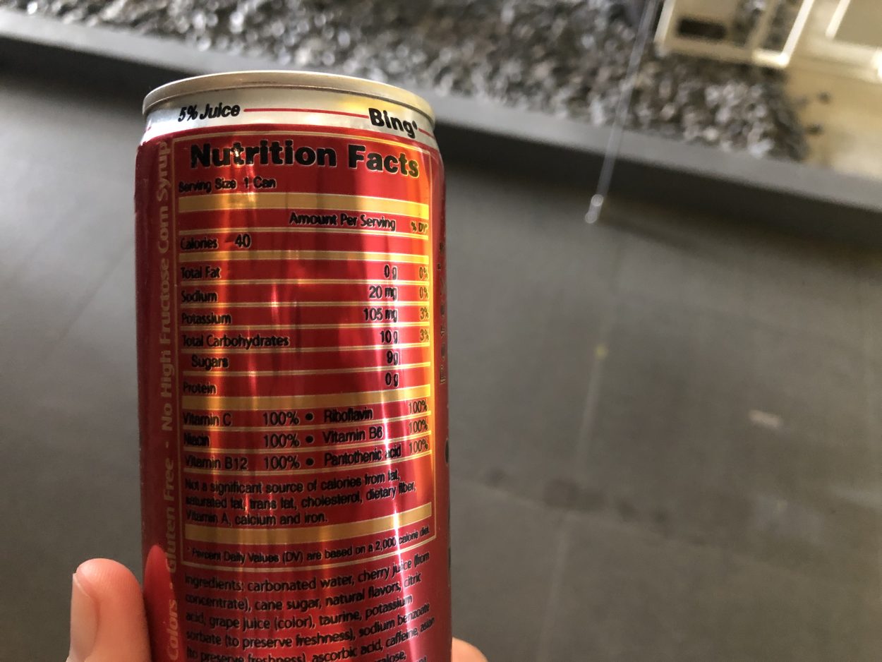 Nutritional facts label on the can of Bing energy drink