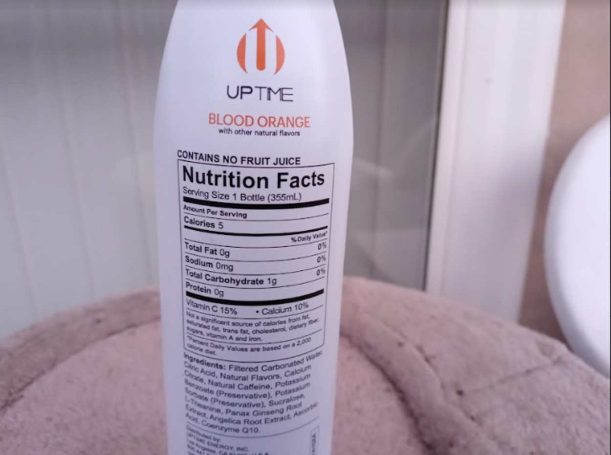 Nutrional facts listed on a bottle of Uptime Energy