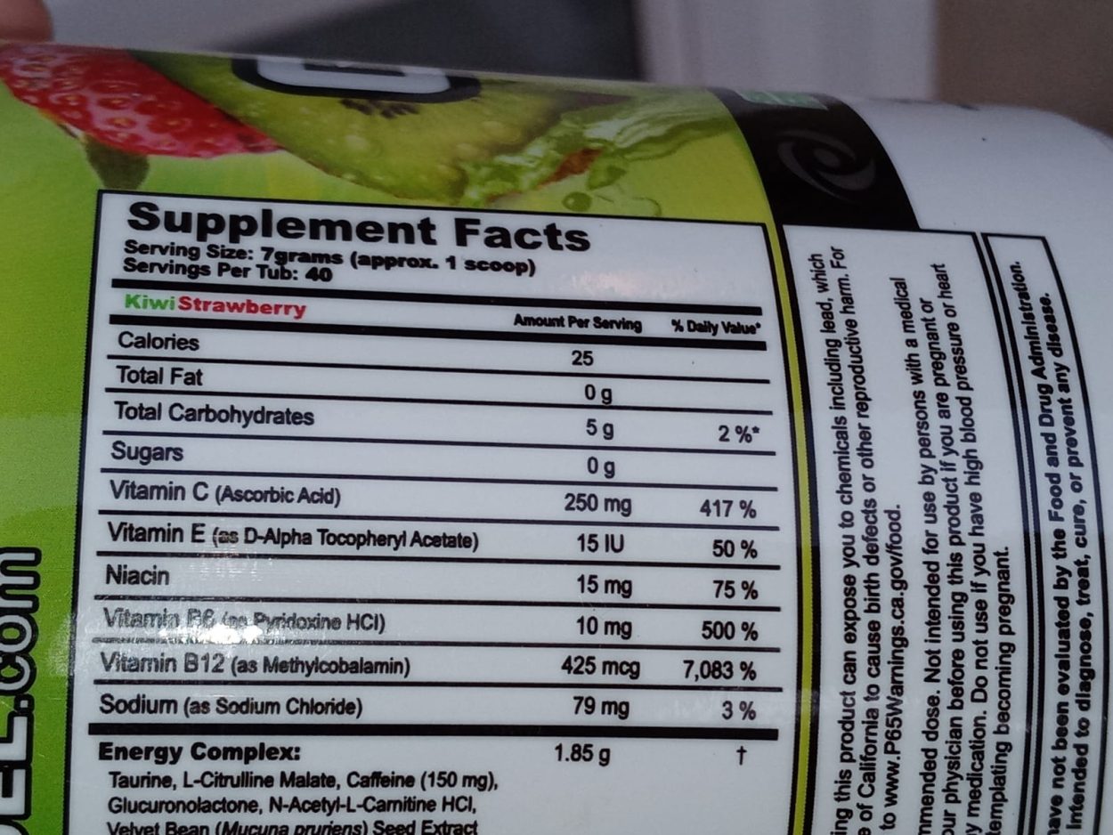 Nutritional facts of G Fuel tub