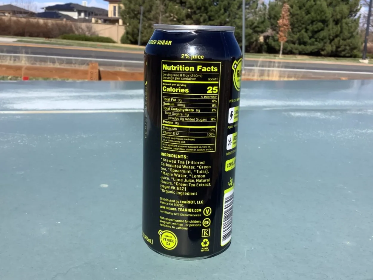A can of Riot with its nutritional facts