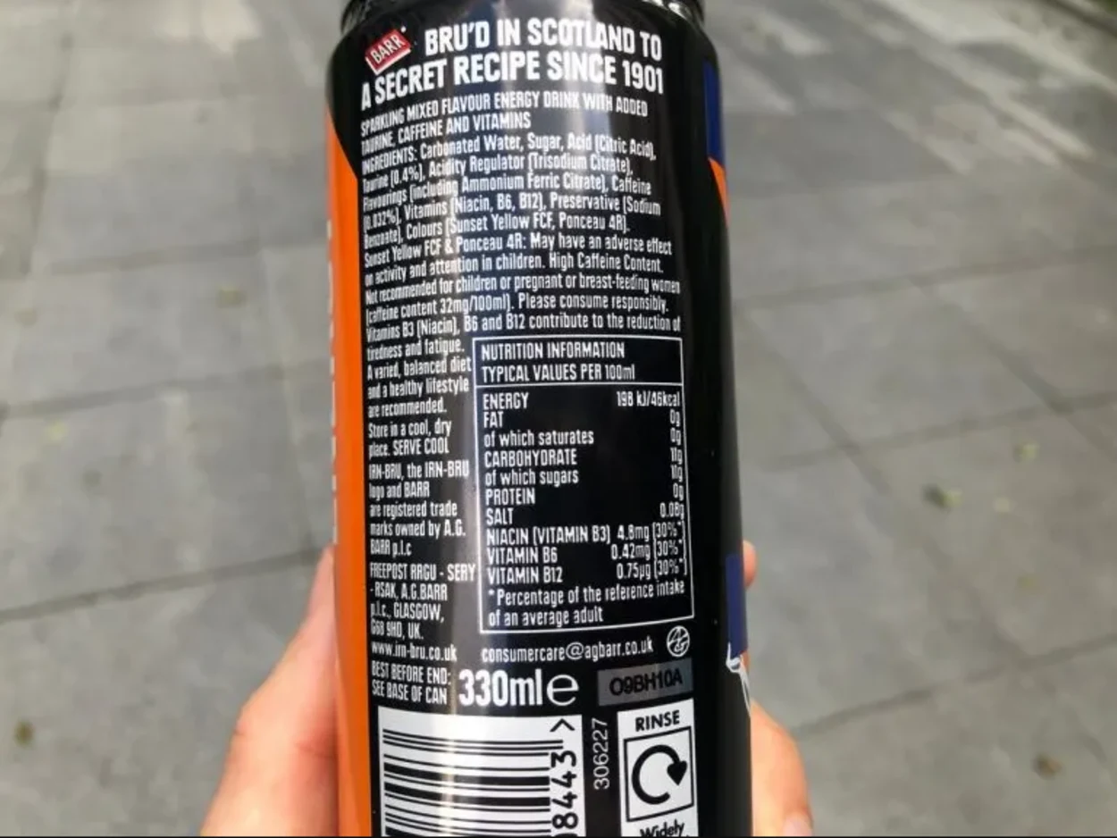 Nutritional data and ingredients for Irn Bru