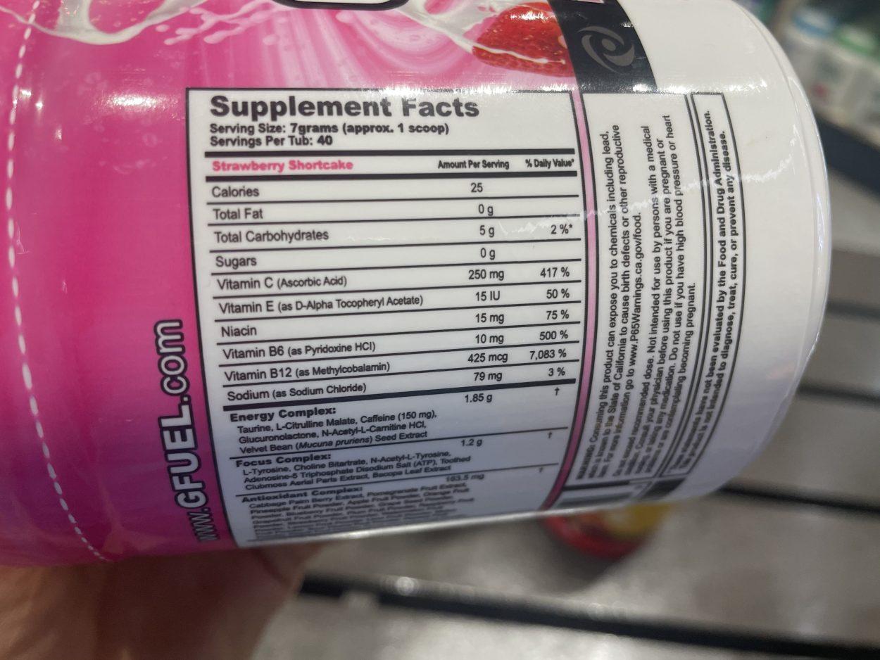 Supplement facts of G Fuel powder
