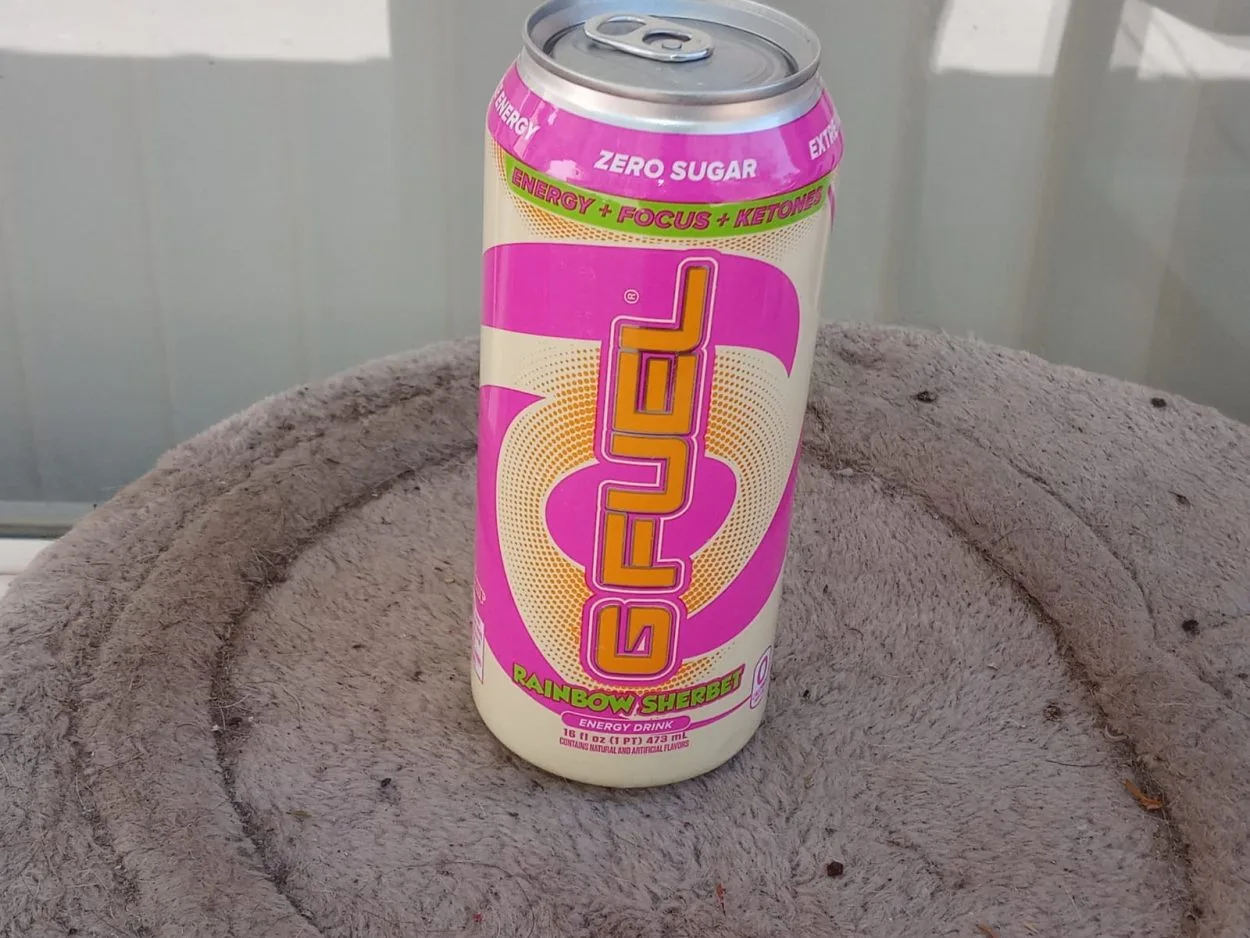 A can of G fuel in Rainbow Sherbet flavors