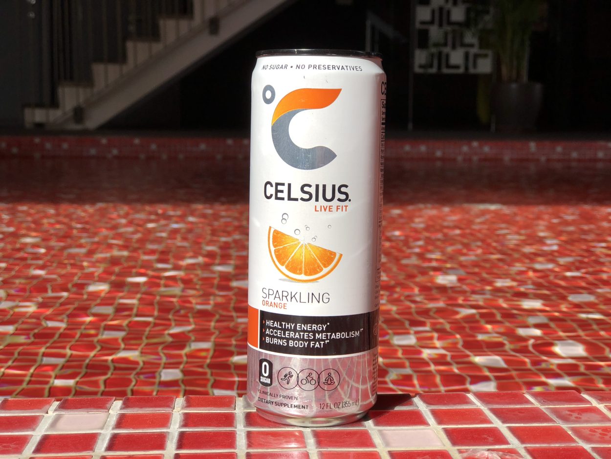 A can of Celsius Sparkling in Orange flavor