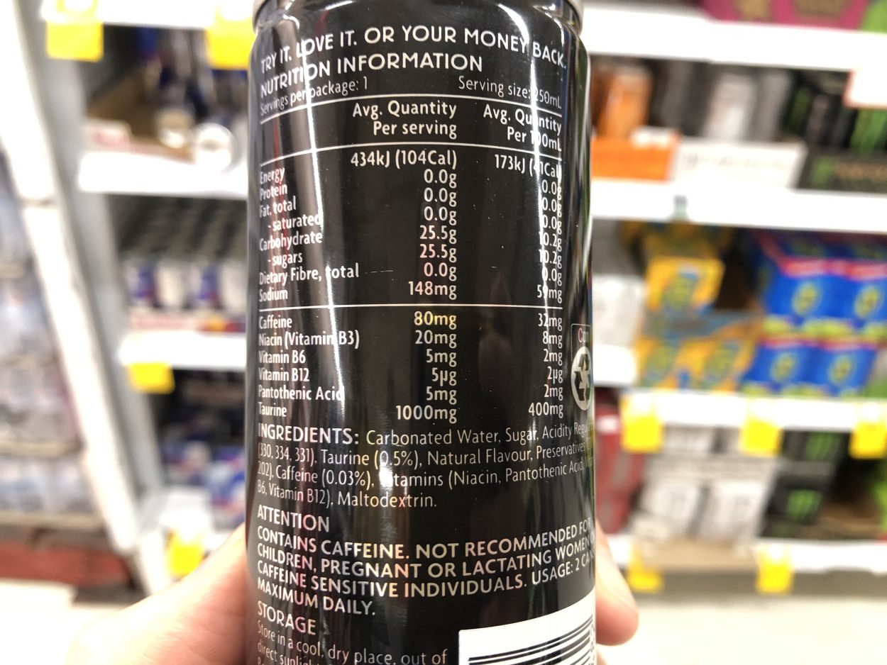 Nutrition facts information of Summit energy drink