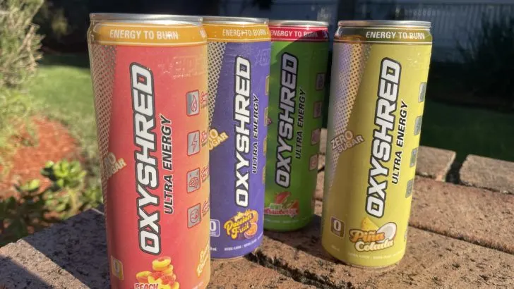 Four cans of OxyShred in different flavors