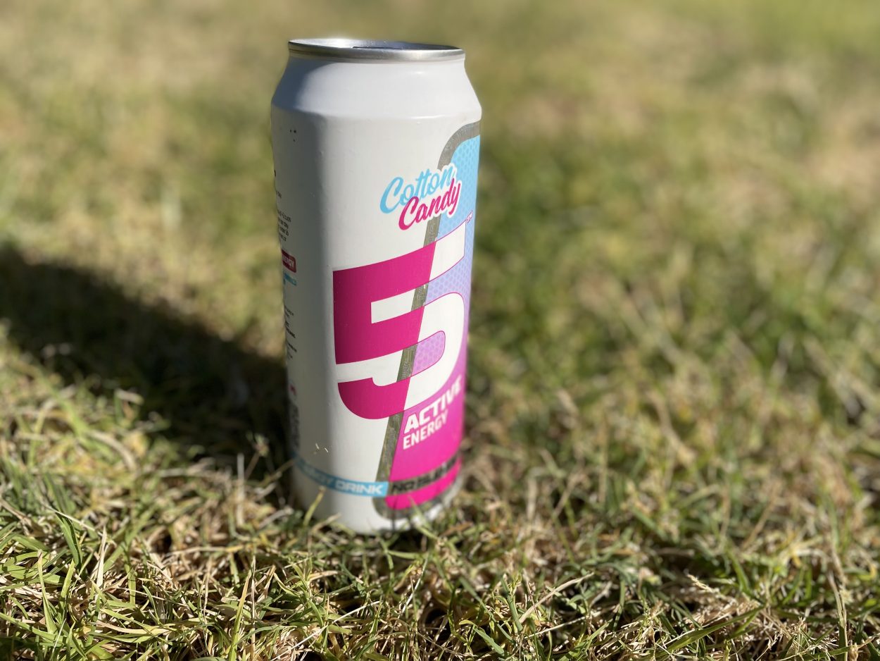 A can of 5 Active energy drink on the grass