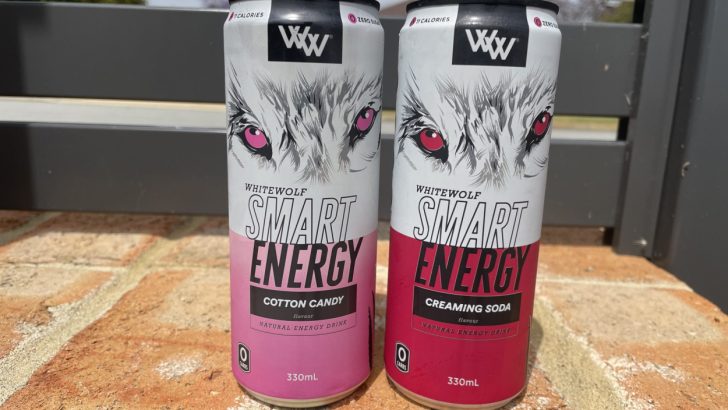 Two cans of White Wolf Smart energy drinks