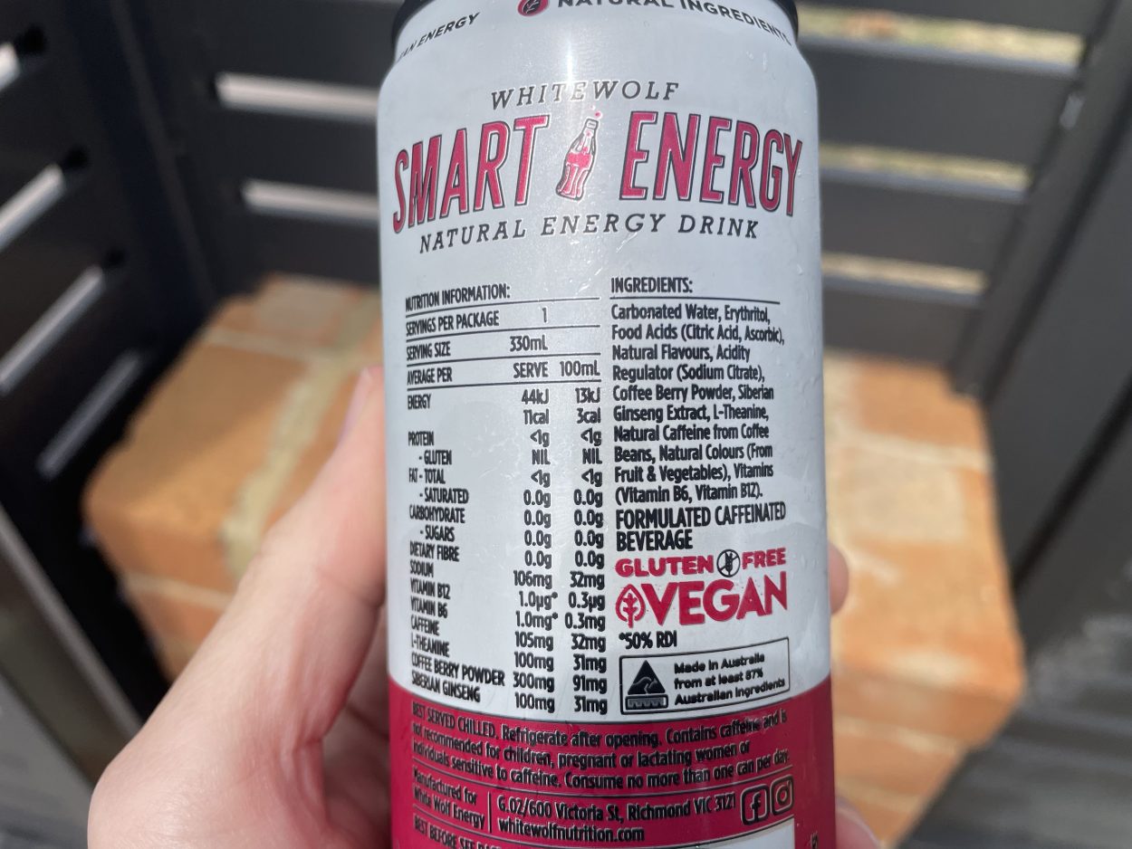 Nutrition facts of White Wolf Smart energy drink