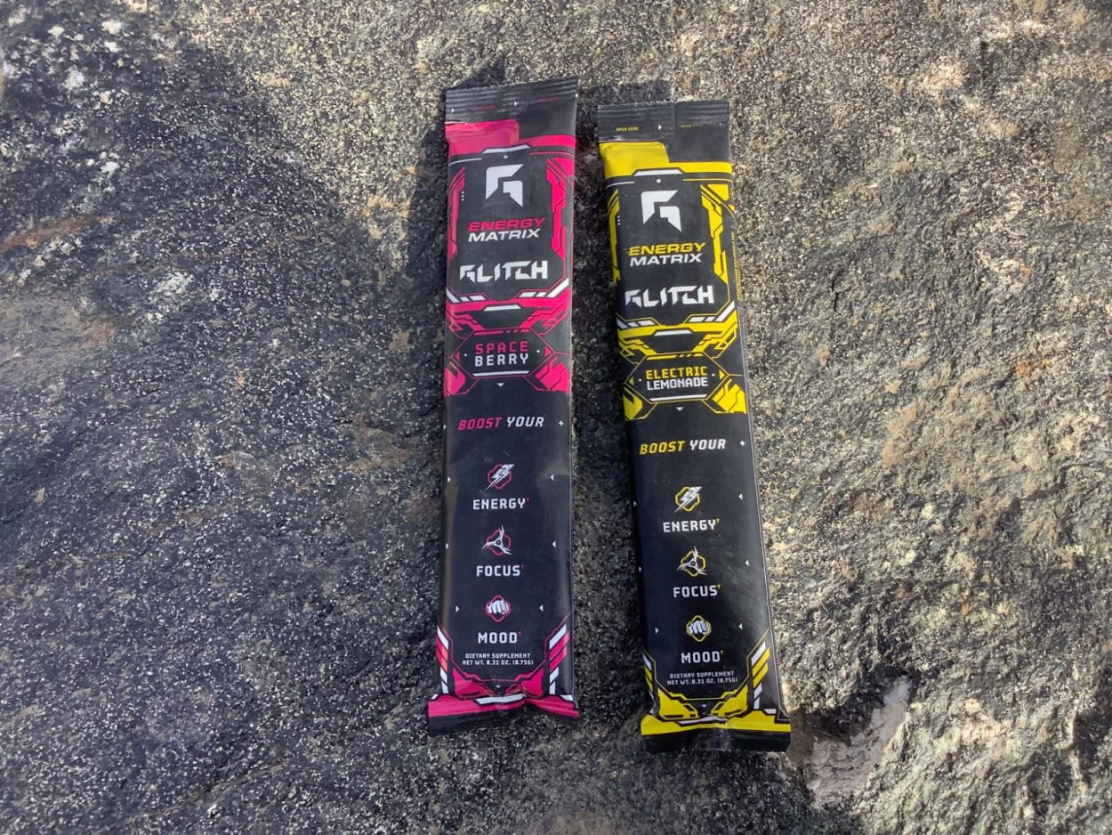 Two sachets of Glitch energy drink in different flavors