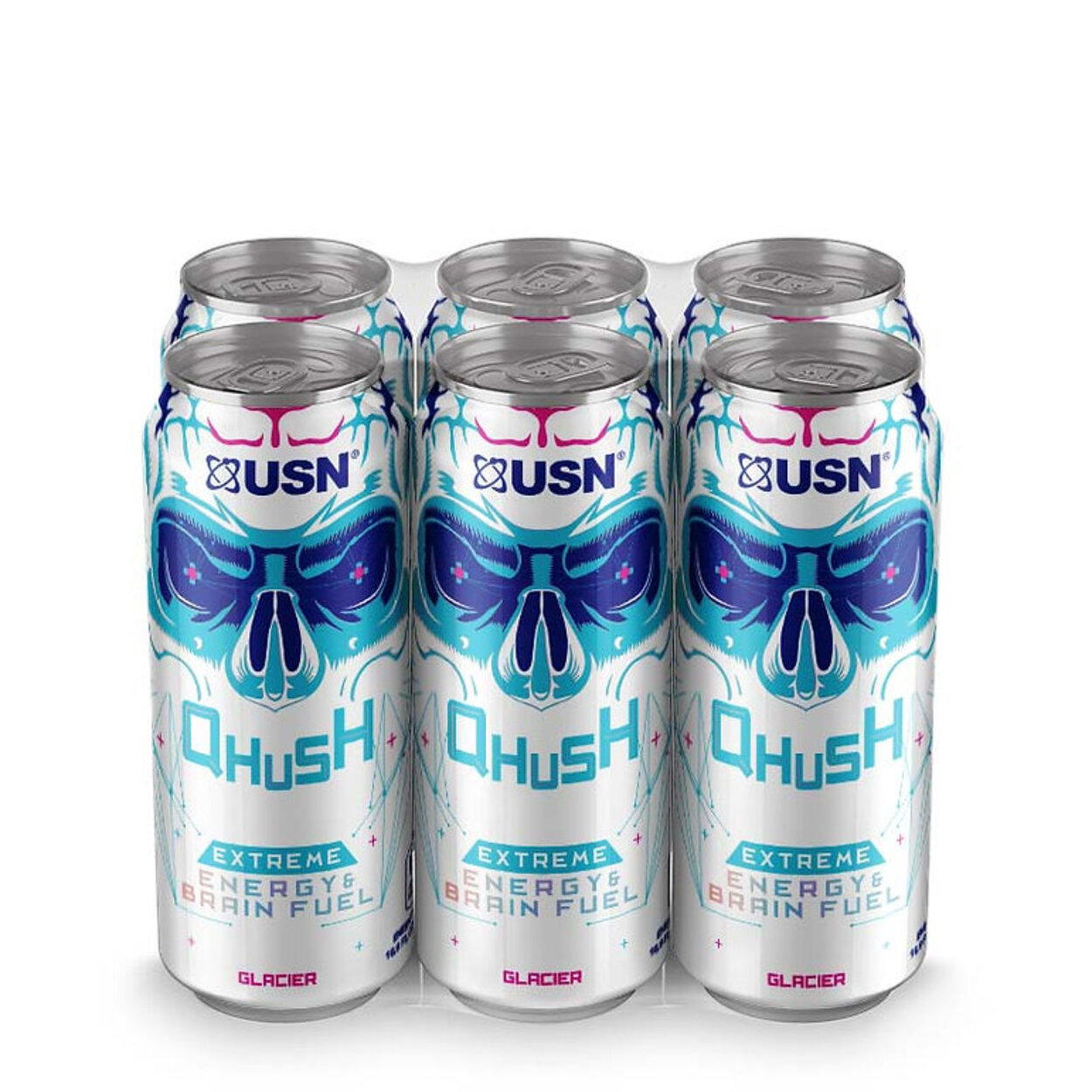 Qhush energy drink glacier flavor.