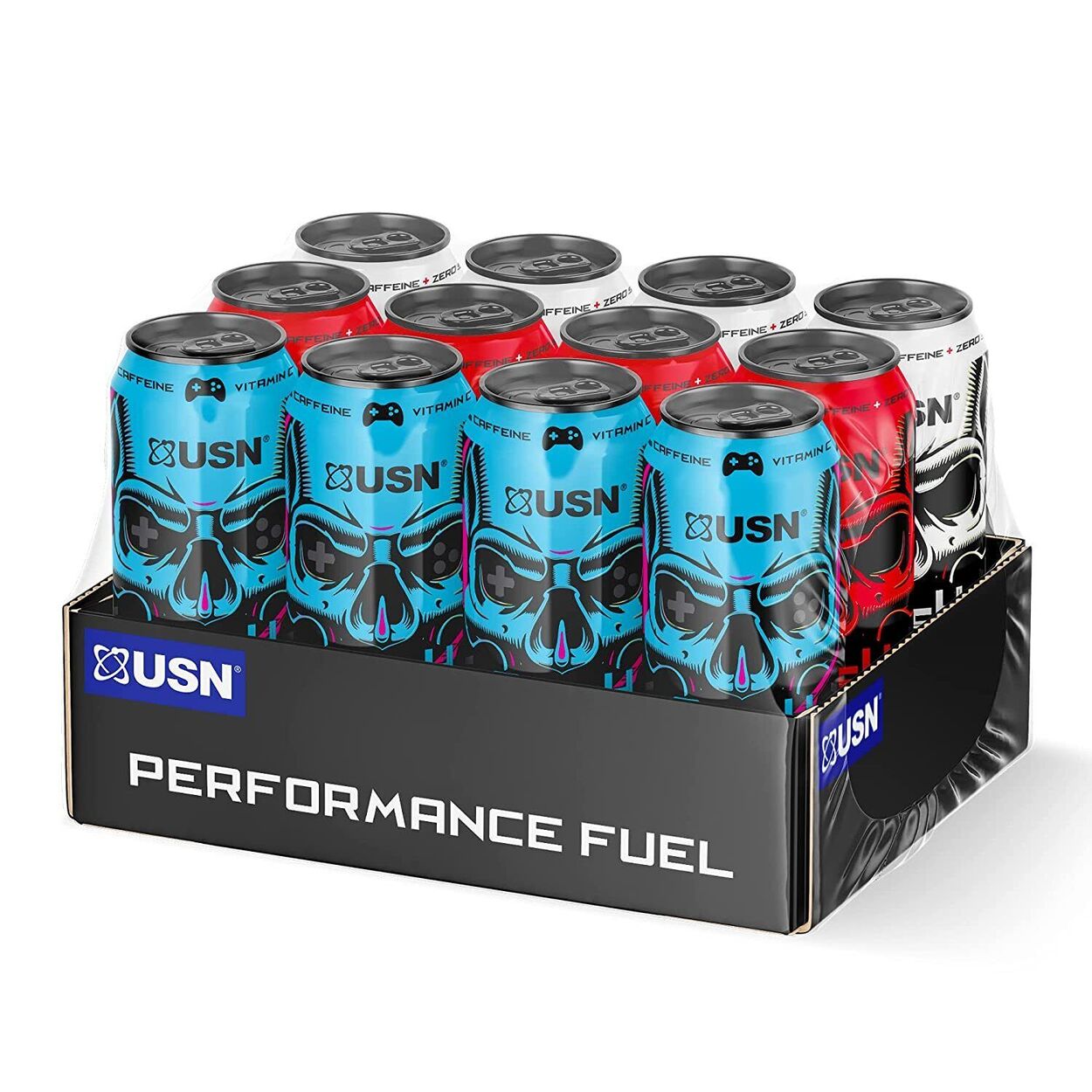 A 12-pack of Qhush energy drinks.